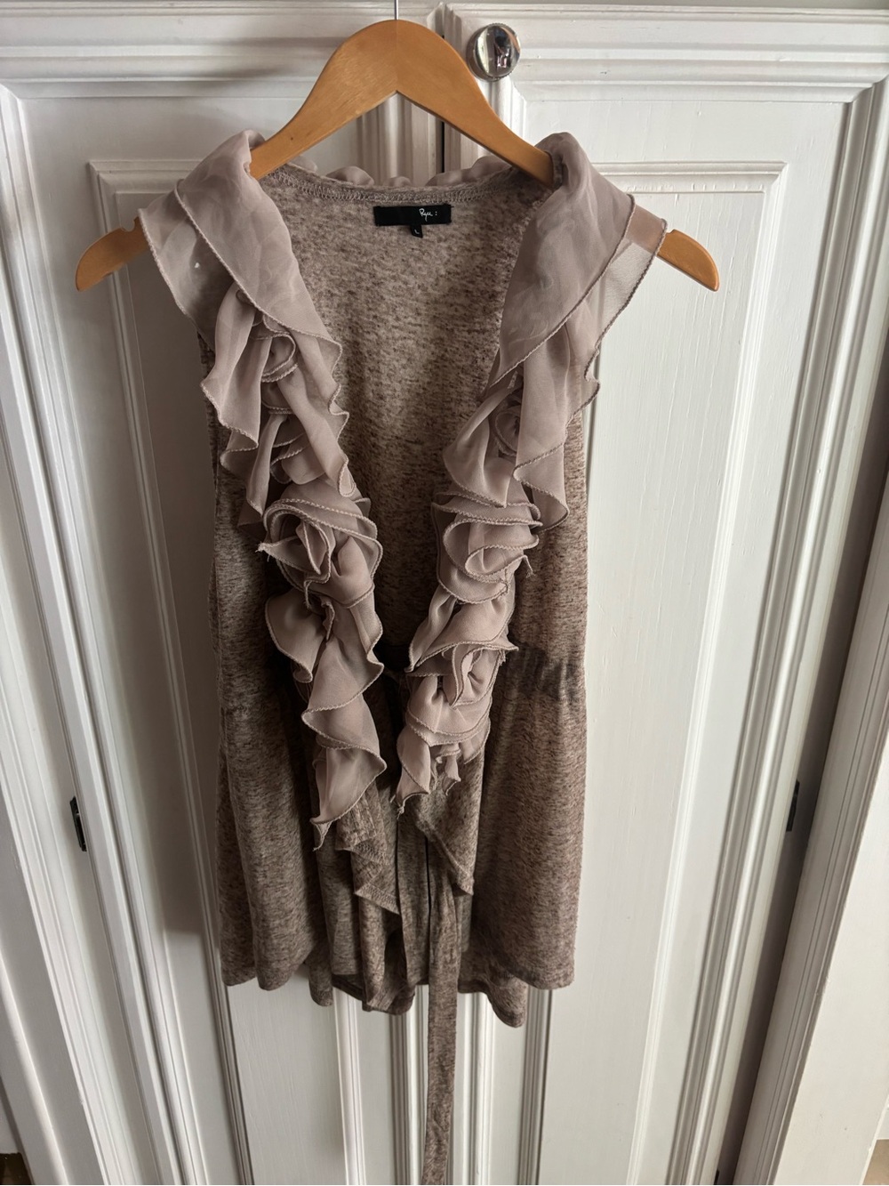 Ruffled Sleeveless Cardigan Vest in Taupe